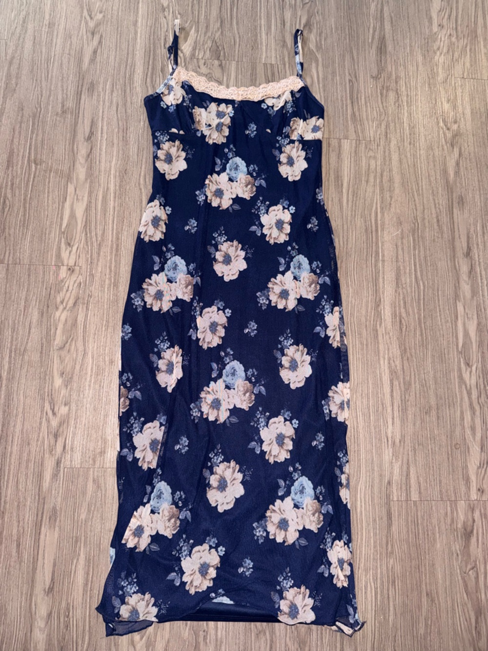Navy Floral Lace-Trim Maxi Dress